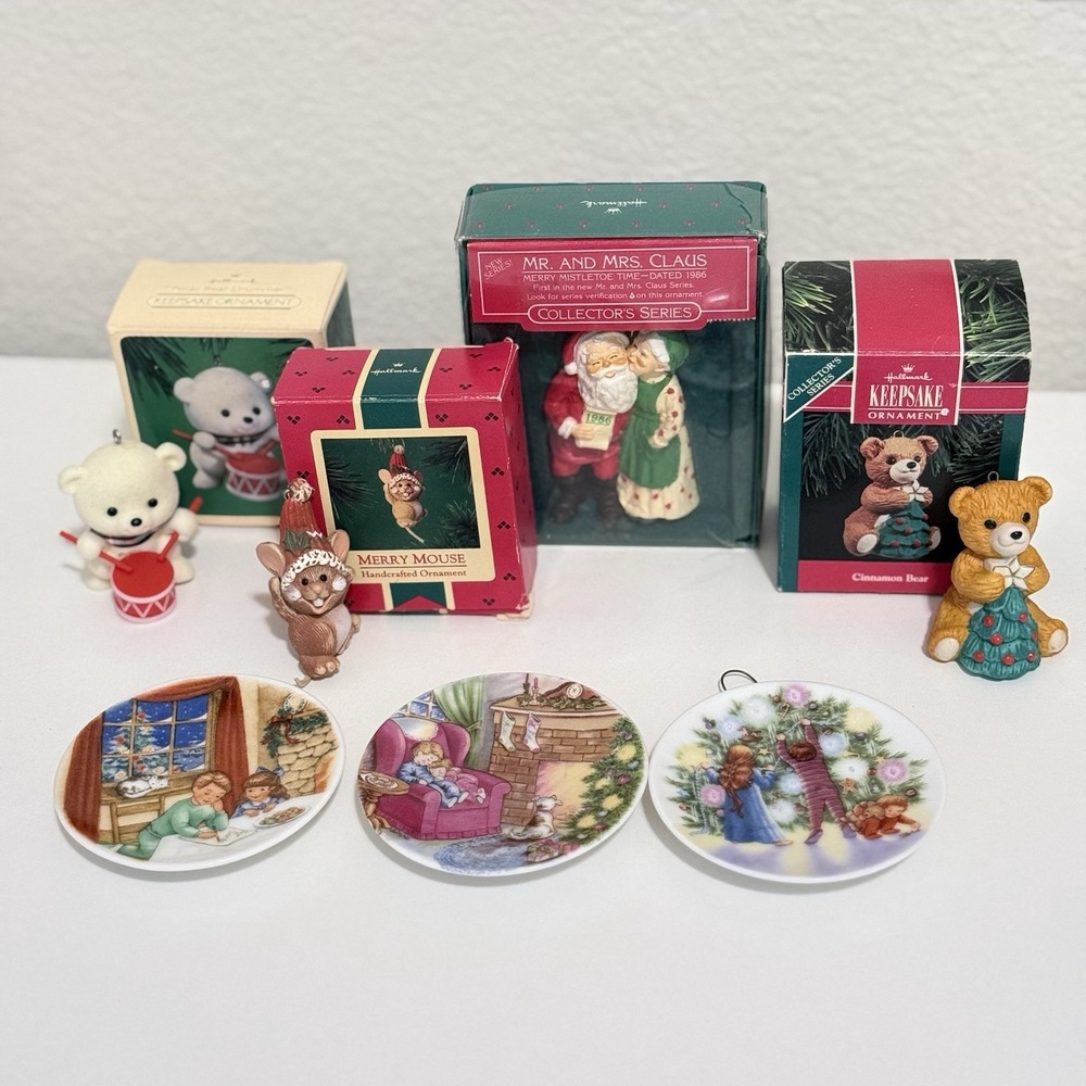 Vtg Hallmark Ornaments Lot Drummer Mouse Merry Bear Cookies Waiting Light Santa